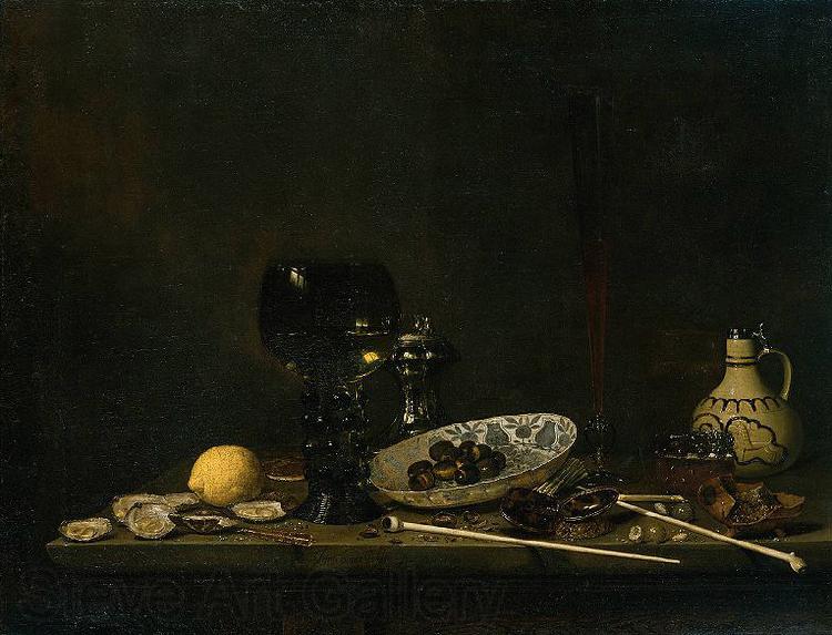 Jan van de Velde Still life with wineglass, flute glass, earthenware jug and pipes